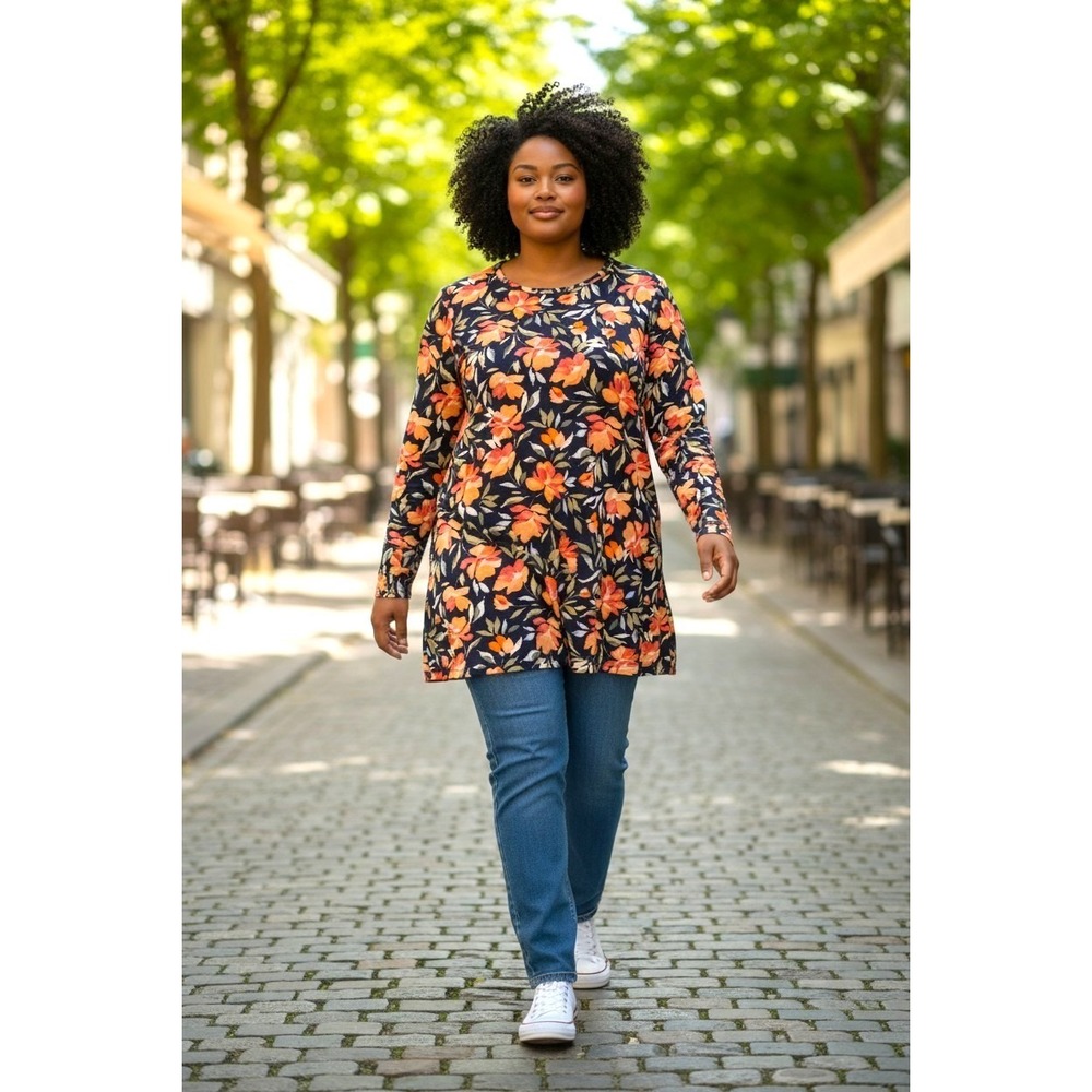 (F-185)Denim & Co Floral Tunic Top Women's Petite XL Navy Orange Long Sleeve QVC